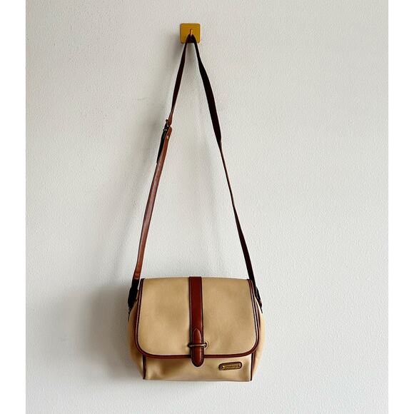 Vintage 90s Liz Claiborne Saddle Bag Crossbody Beige & Brown Equestrian - Picture 1 of 8